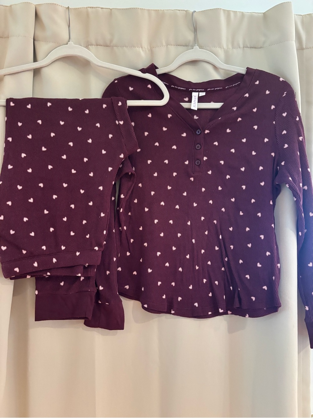 Waffle Henley Pajama Set in Burgundy with Pink Hearts